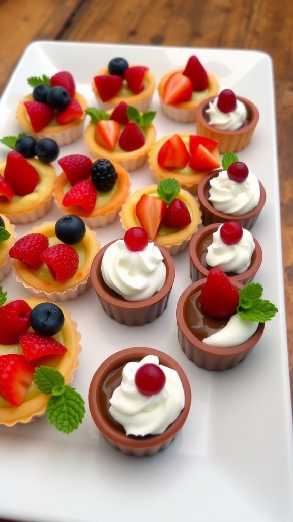 An enticing display of mini dessert appetizers including fruit tartlets and chocolate mousse cups on a platter.